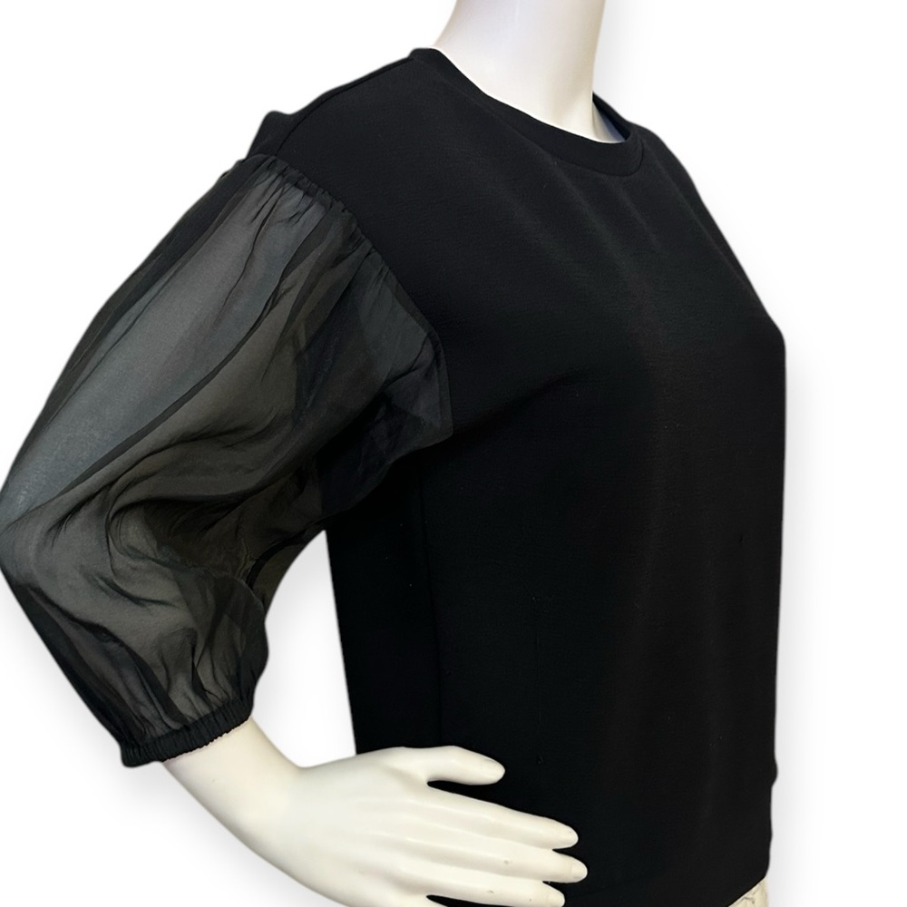 Organza Sleeve Mixed Media Top- Black - Picture 5 of 5
